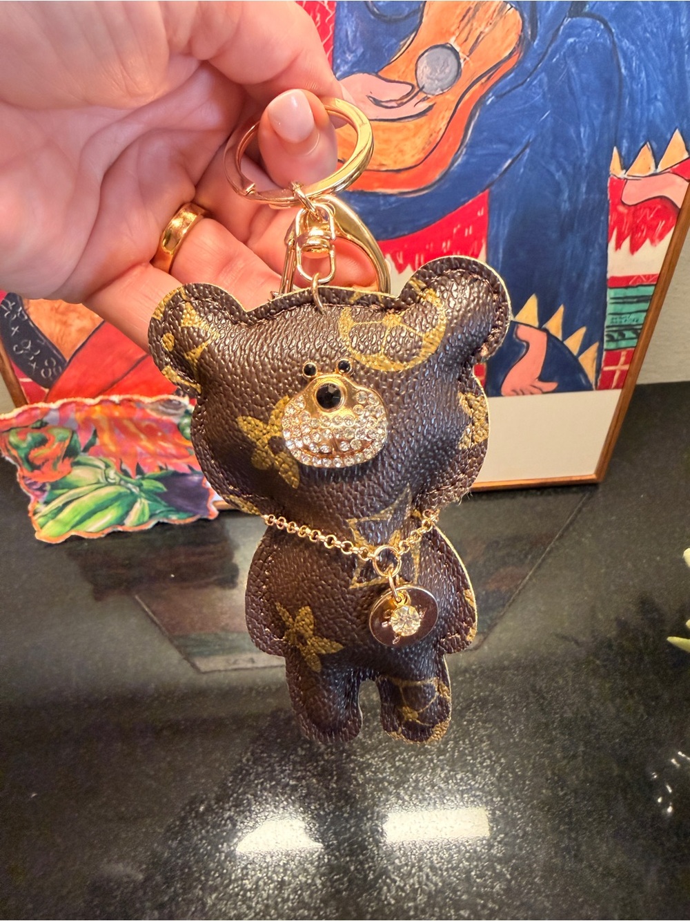 Luxury-Inspired Brown Bear Keychain with Gold Accents